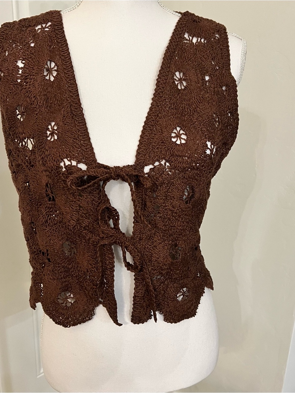 Festival Ready Brown Crochet Tie-Front Crop Top Vest-259